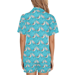 Seagull Pattern Print Design 02 Women's V-Neck Short Pajama Set