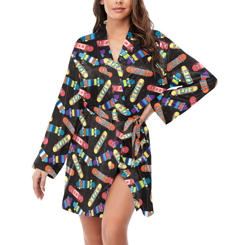 Skate Board Pattern Print Design 02 Women's Long Sleeve Belted Night Robe