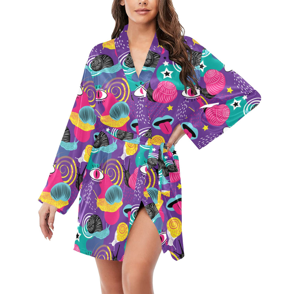 Snail Pattern Print Design 02 Women's Long Sleeve Belted Night Robe