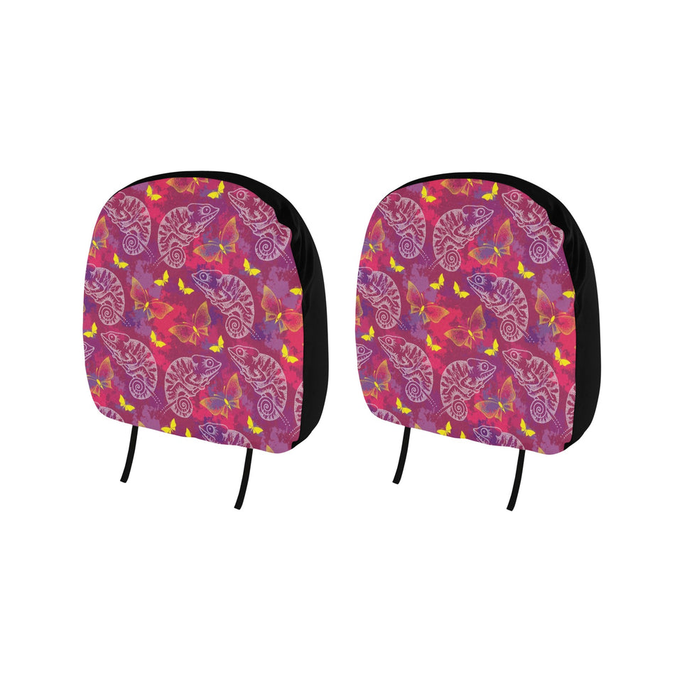 Pink Chameleon Lizard Butterfly Pattern Car Headrest Cover