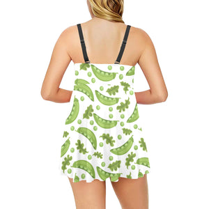 Green Peas Pattern Print Design 02 Chest Sexy Pleated Two Piece Swim Dress