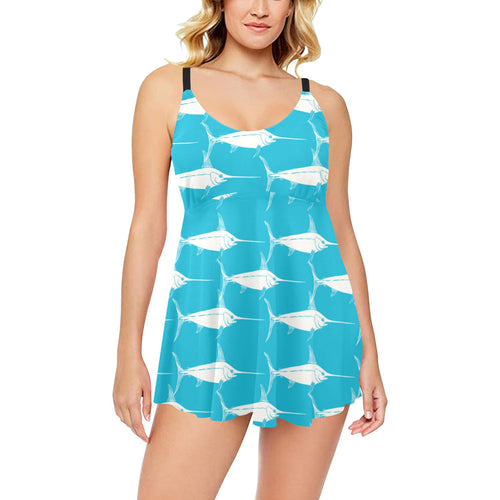 Swordfish Pattern Print Design 02 Chest Sexy Pleated Two Piece Swim Dress