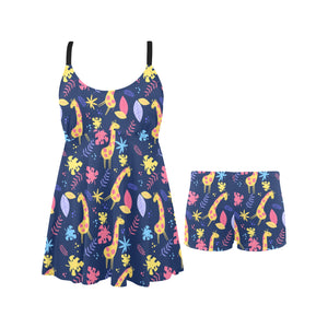 Giraffe Pattern Print Design 04 Chest Sexy Pleated Two Piece Swim Dress