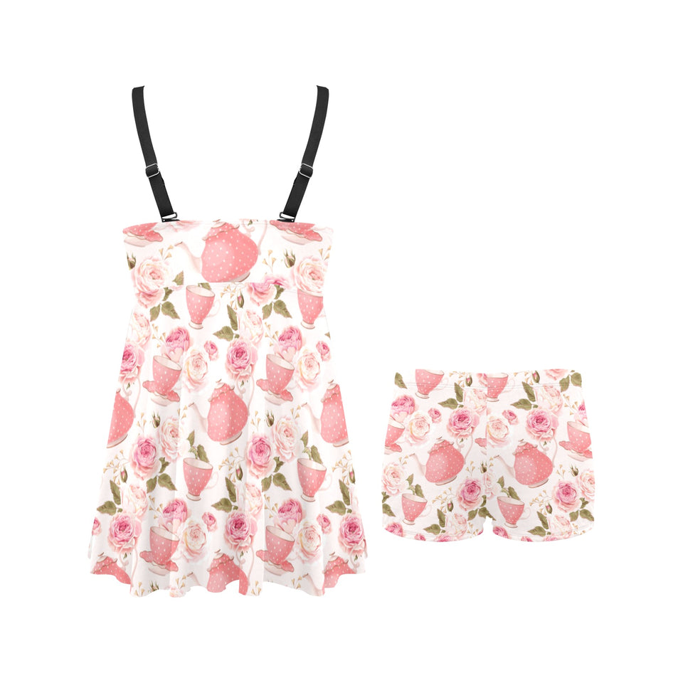 Tea pots Pattern Print Design 04 Chest Sexy Pleated Two Piece Swim Dress