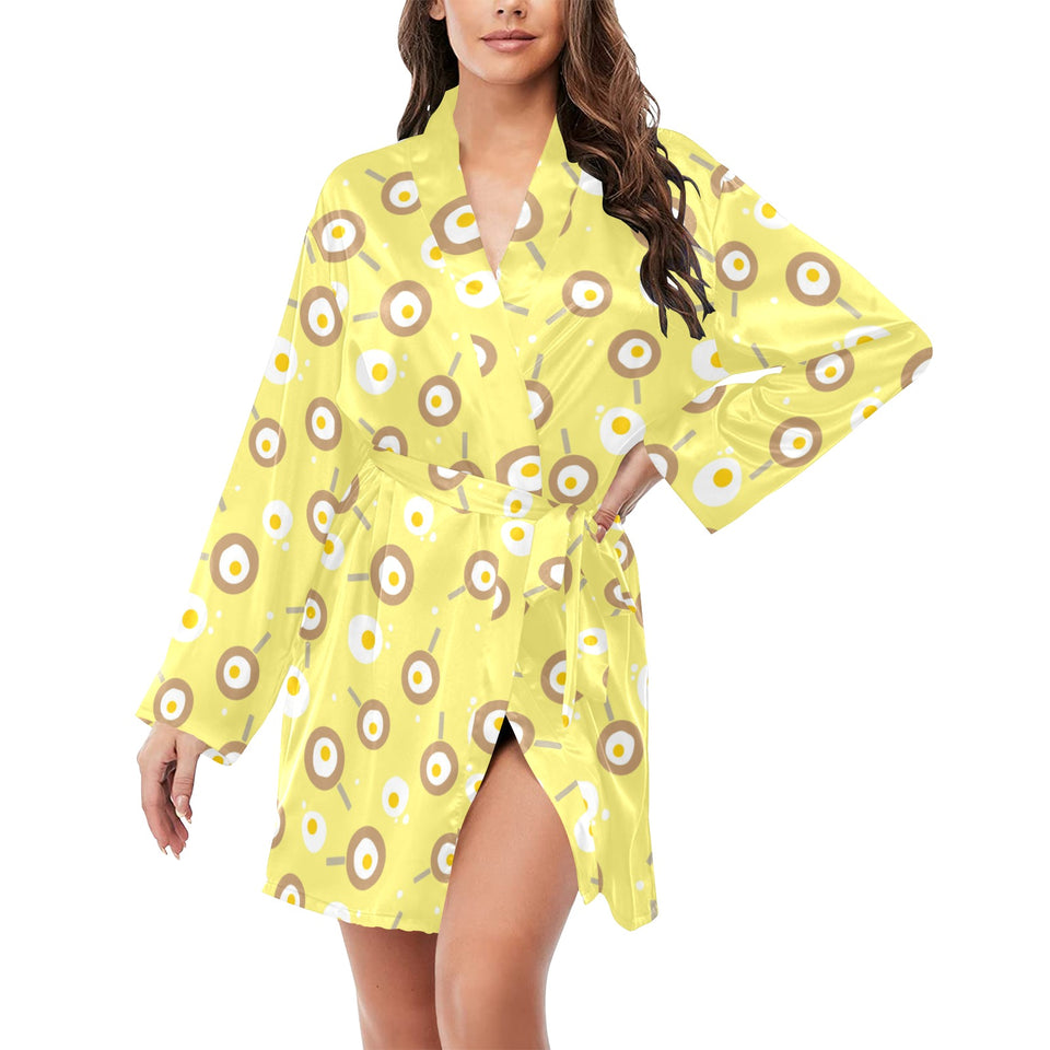 Fried Eggs Pattern Print Design 03 Women's Long Sleeve Belted Night Robe