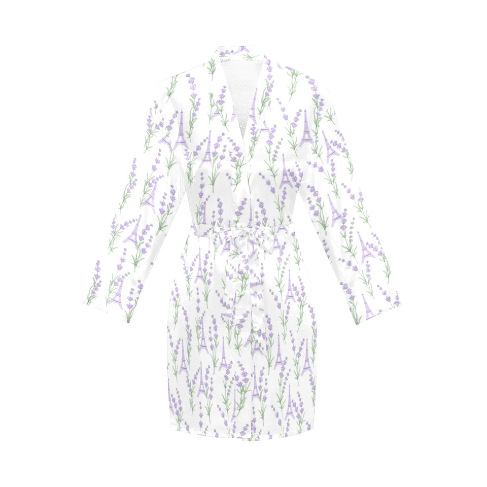 Eiffel Tower Lavender Pattern Print Design 01 Women's Long Sleeve Belted Night Robe