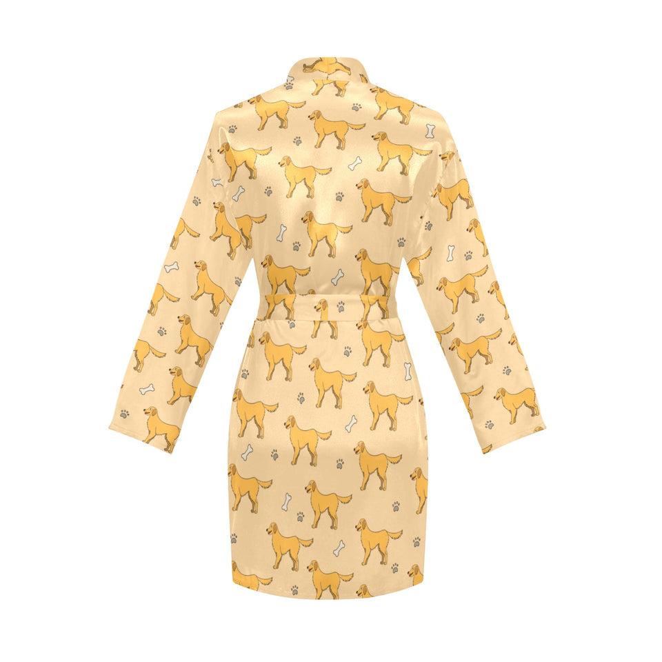 Golden Retriever Pattern Print Design 04 Women's Long Sleeve Belted Night Robe