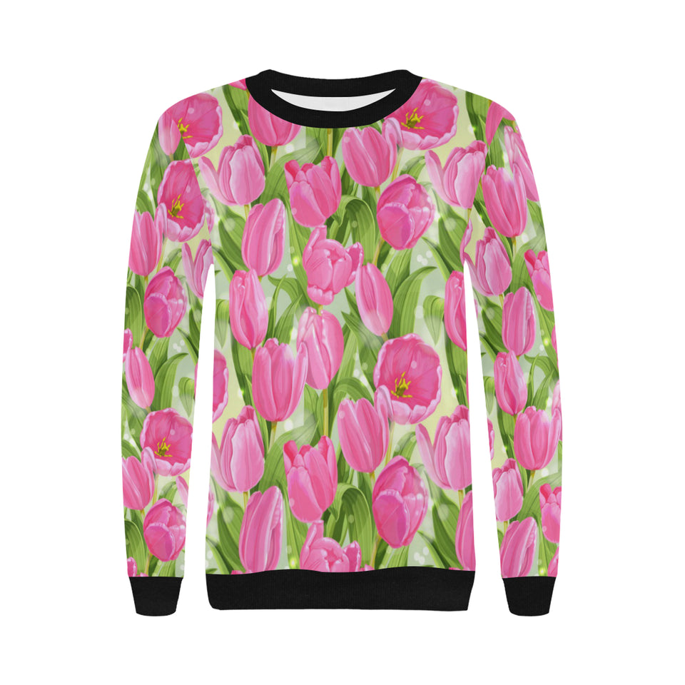 Pink Tulip Pattern Women's Crew Neck Sweatshirt