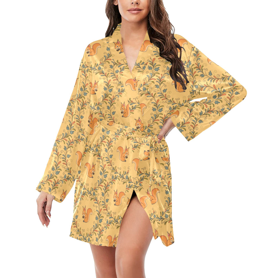 Squirrel Pattern Print Design 01 Women's Long Sleeve Belted Night Robe