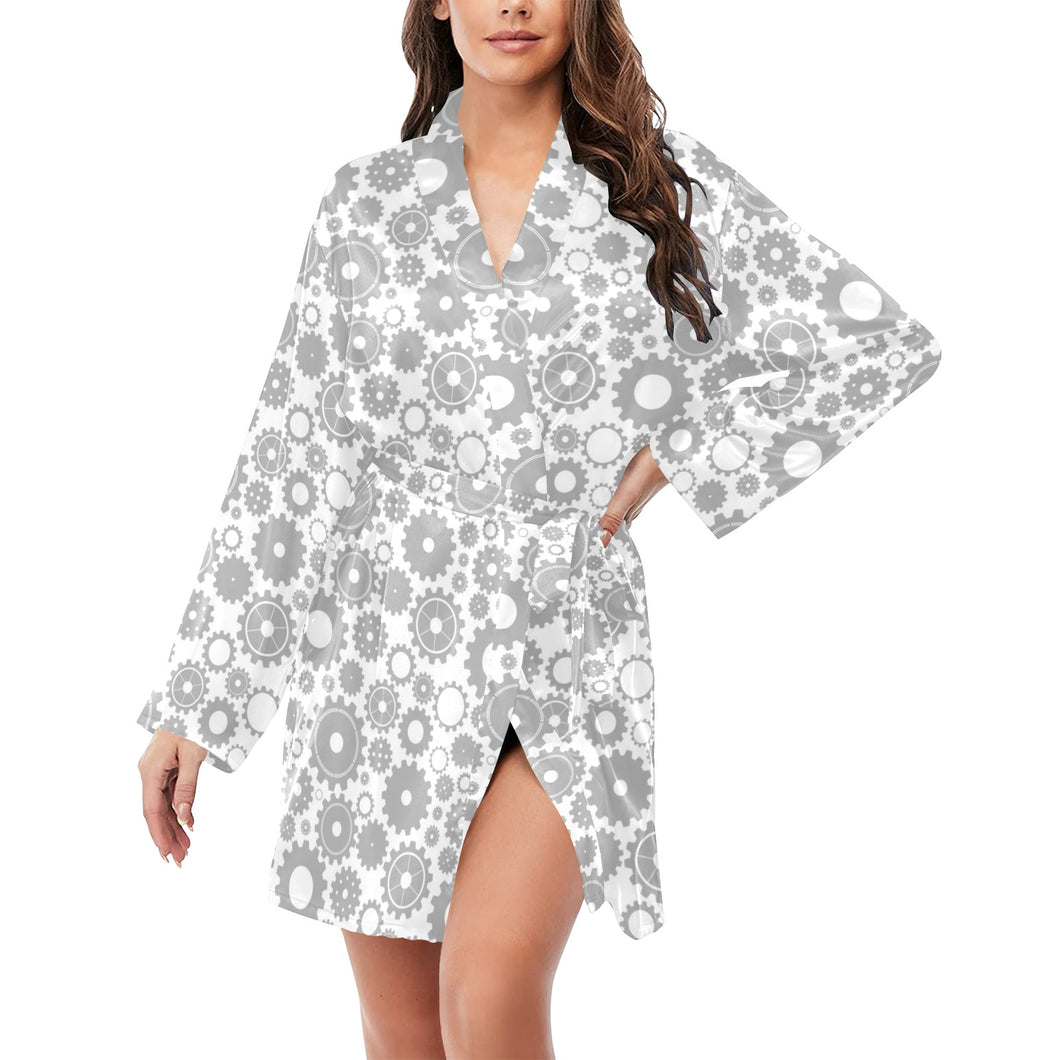 Gear Pattern Print Design 03 Women's Long Sleeve Belted Night Robe