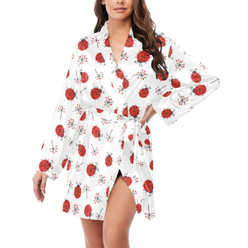 Ladybug Pattern Print Design 04 Women's Long Sleeve Belted Night Robe