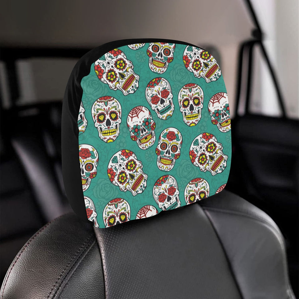 Suger Skull Pattern Green Background Car Headrest Cover