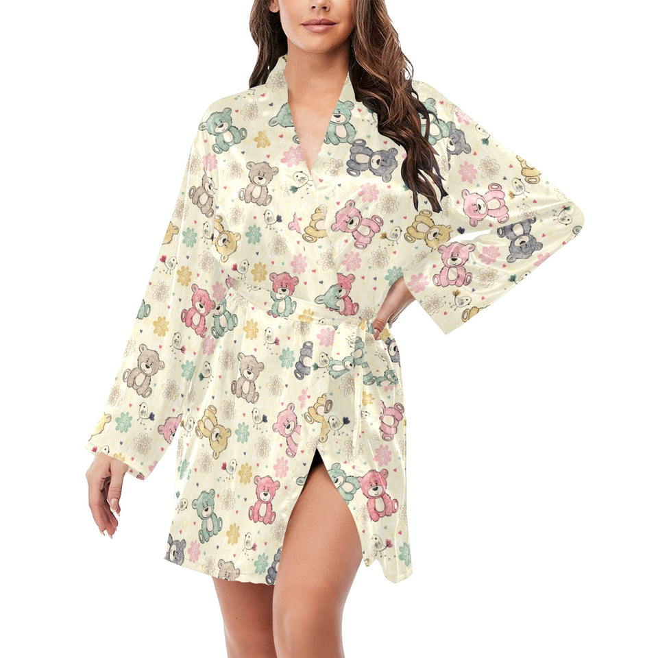 Teddy Bear Pattern Print Design 05 Women's Long Sleeve Belted Night Robe