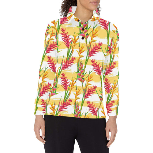 Heliconia Pattern Women's Long Sleeve Polo Shirt