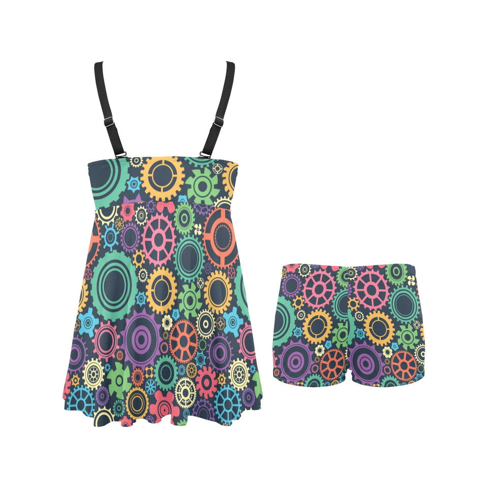 Gear Pattern Print Design 02 Chest Sexy Pleated Two Piece Swim Dress