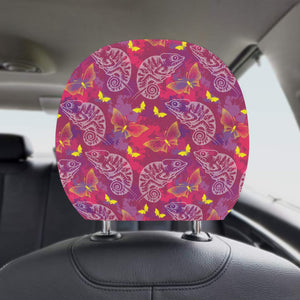 Pink Chameleon Lizard Butterfly Pattern Car Headrest Cover