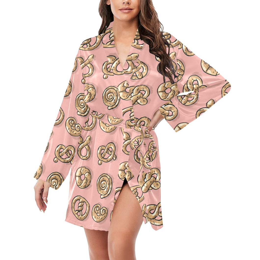 Pretzels Pattern Print Design 04 Women's Long Sleeve Belted Night Robe