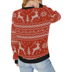 Deer Sweater Printed Red Pattern Women's Crew Neck Sweatshirt