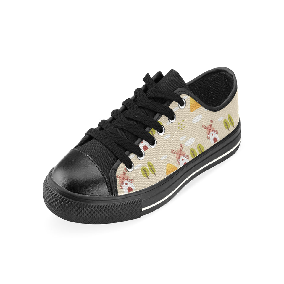 Windmill Pattern Men's Low Top Canvas Shoes Black