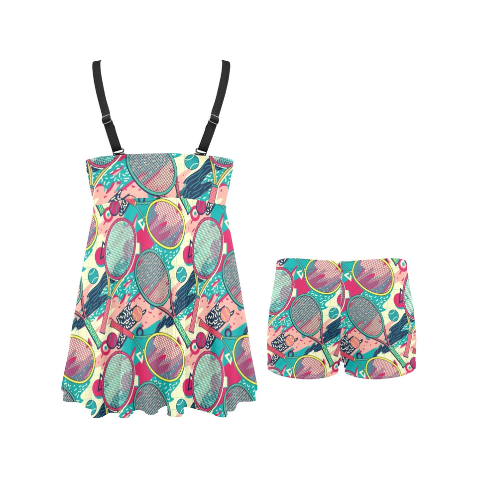 Tennis Pattern Print Design 01 Chest Sexy Pleated Two Piece Swim Dress