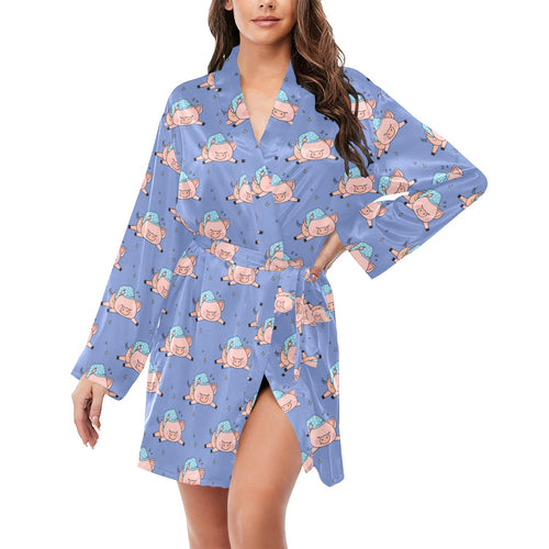 Pig Pattern Print Design 03 Women's Long Sleeve Belted Night Robe