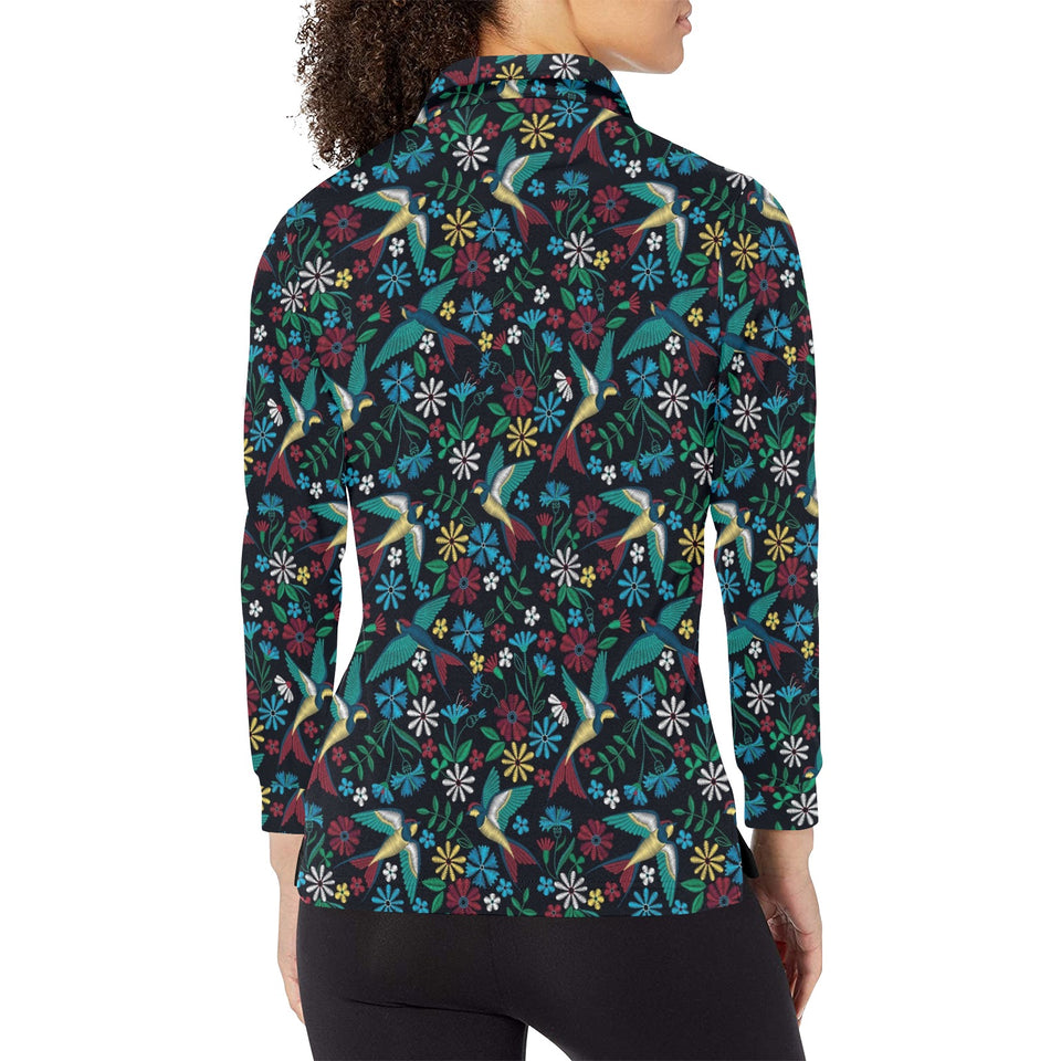 Swallow Pattern Print Design 04 Women's Long Sleeve Polo Shirt