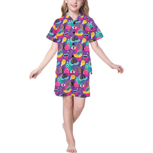 Snail Pattern Print Design 02 Kids' Boys' Girls' V-Neck Short Pajama Set
