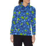 Blueberry Pattern Background Women's Long Sleeve Polo Shirt