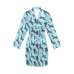 Swallow Pattern Print Design 01 Women's Long Sleeve Belted Night Robe