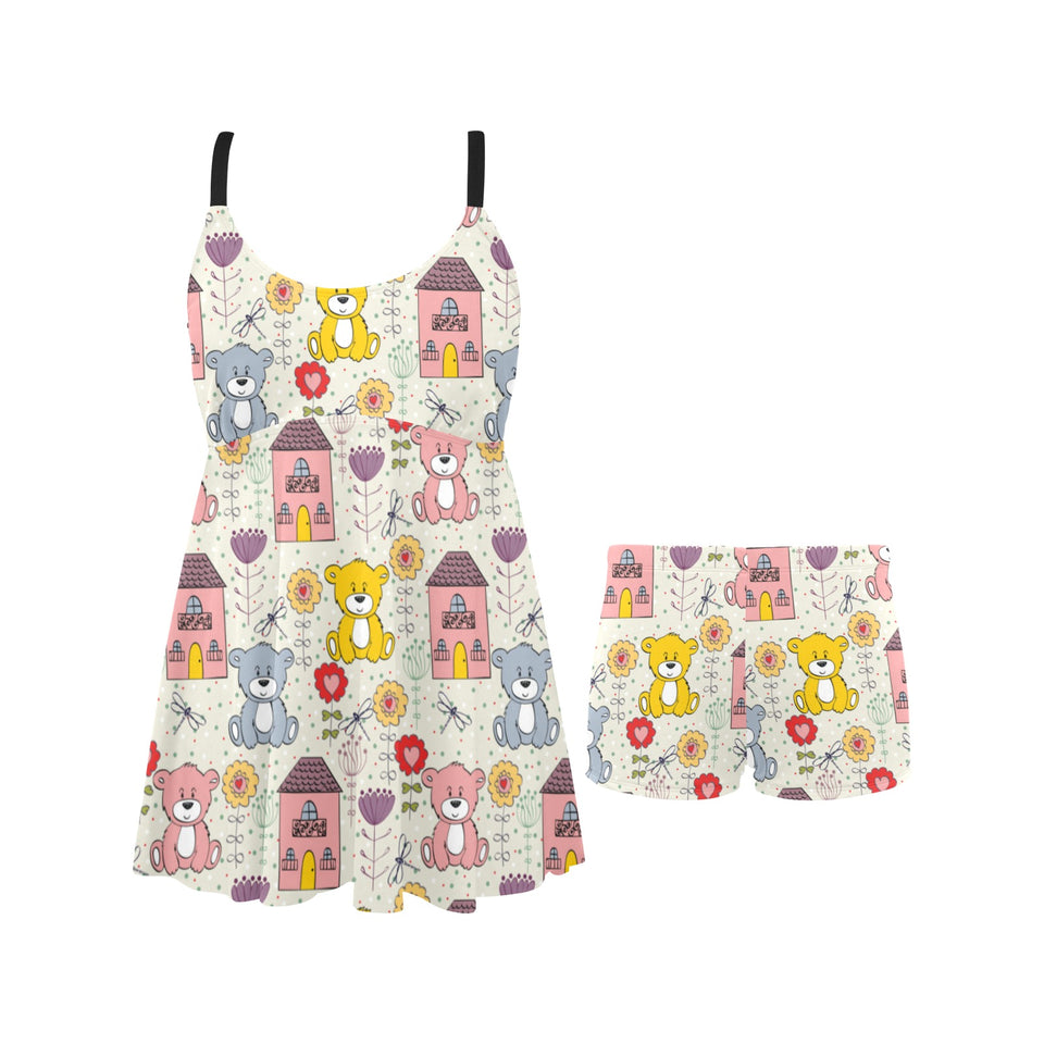 Teddy Bear Pattern Print Design 04 Chest Sexy Pleated Two Piece Swim Dress