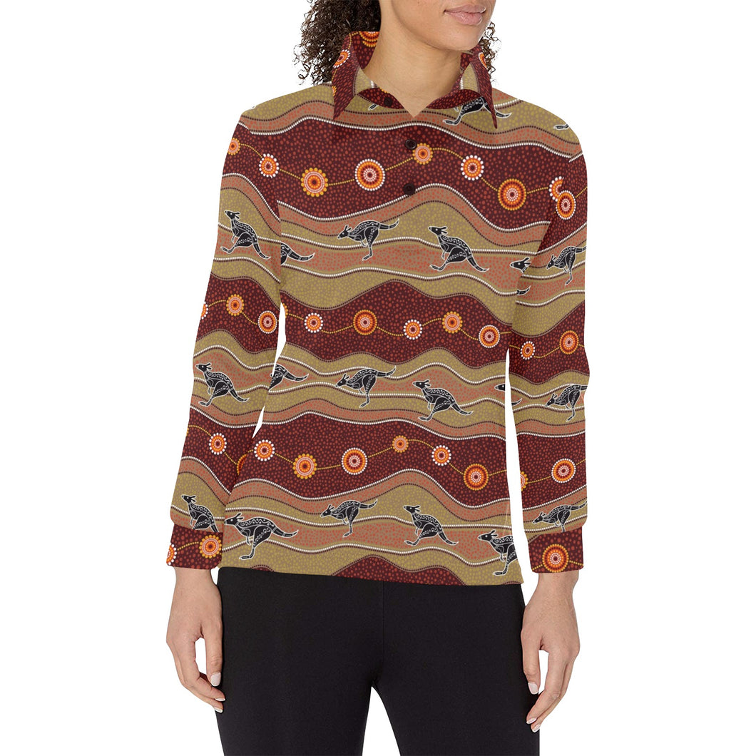 Kangaroo Aboriginal Pattern Women's Long Sleeve Polo Shirt