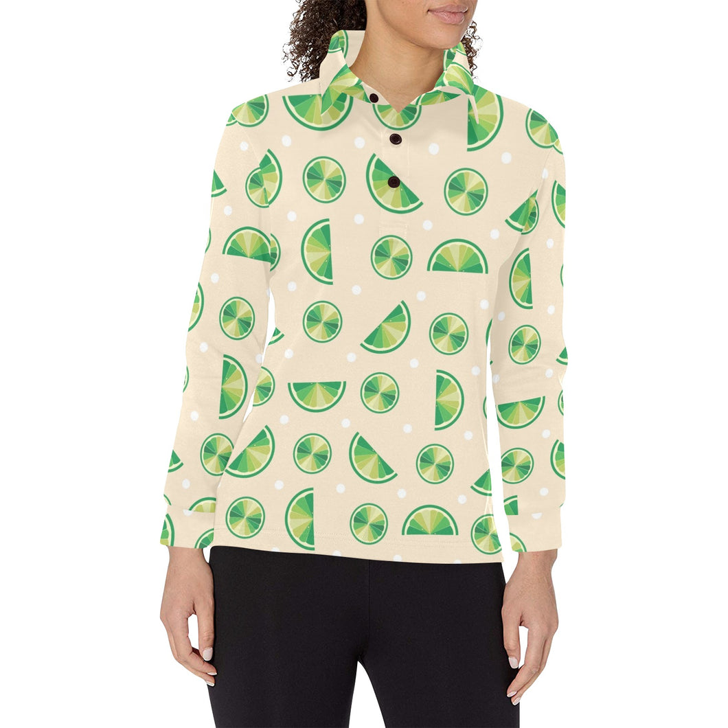 Lime Pattern Women's Long Sleeve Polo Shirt