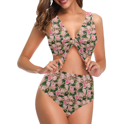 Rose Pattern Print Design 04 Chest Bowknot High Waisted Bikini Swimsuit