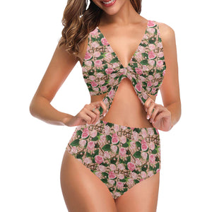 Rose Pattern Print Design 04 Chest Bowknot High Waisted Bikini Swimsuit