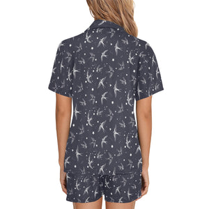 Swallow Pattern Print Design 02 Women's V-Neck Short Pajama Set