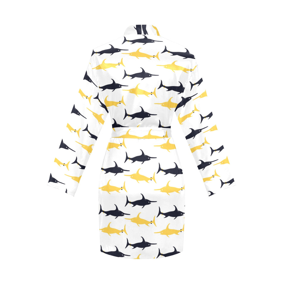 Swordfish Pattern Print Design 05 Women's Long Sleeve Belted Night Robe