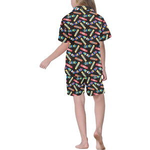 Skate Board Pattern Print Design 02 Kids' Boys' Girls' V-Neck Short Pajama Set