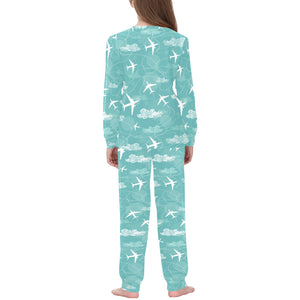 Airplane Cloud Pattern Green Background Kids' Boys' Girls' All Over Print Pajama Set