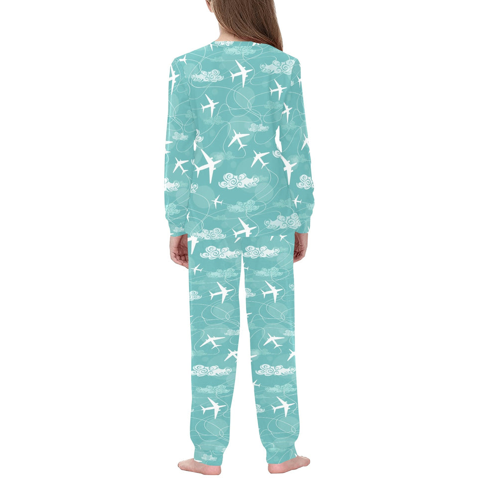 Airplane Cloud Pattern Green Background Kids' Boys' Girls' All Over Print Pajama Set
