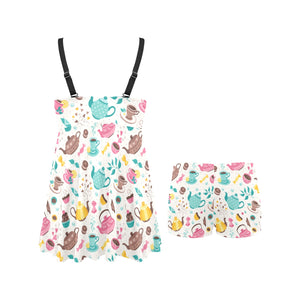 Tea pots Pattern Print Design 05 Chest Sexy Pleated Two Piece Swim Dress