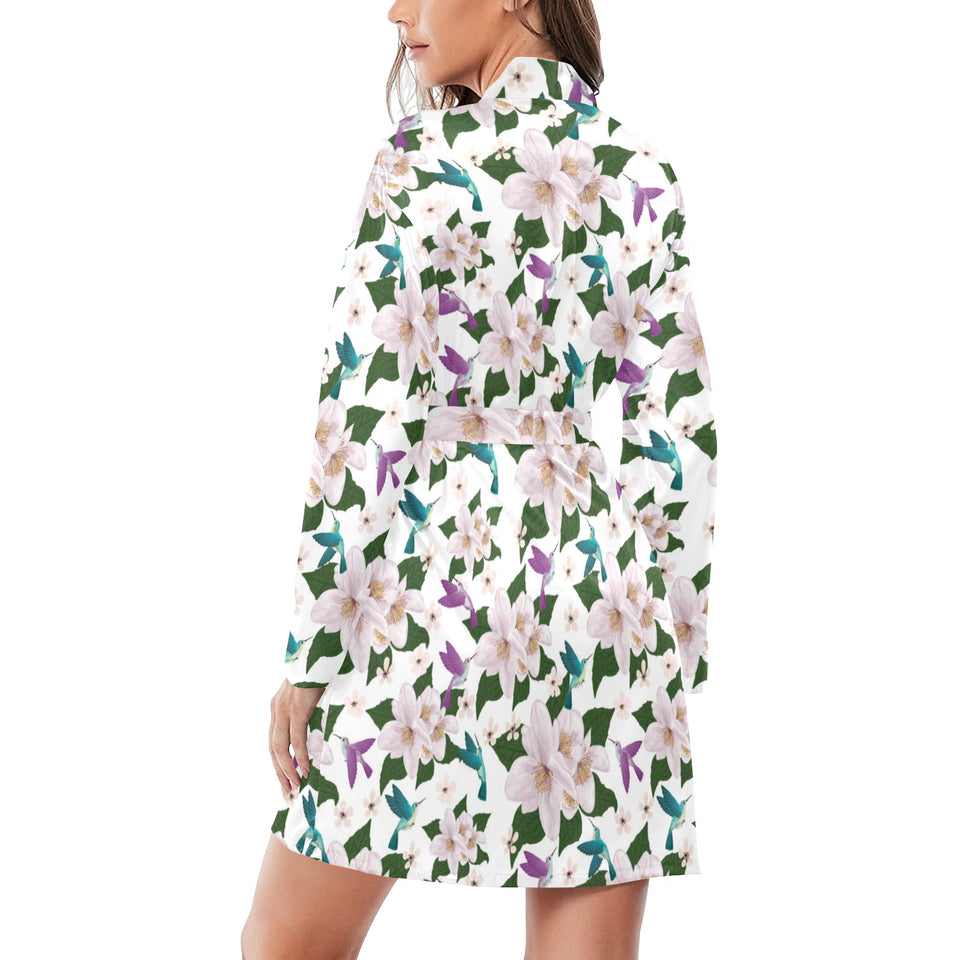 Hummingbird Pattern Print Design 01 Women's Long Sleeve Belted Night Robe