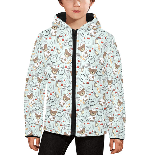 Teddy Bear Pattern Print Design 02 Kids' Boys' Girls' Padded Hooded Jacket