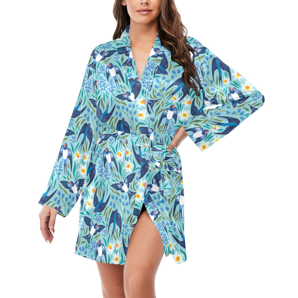 Swallow Pattern Print Design 05 Women's Long Sleeve Belted Night Robe