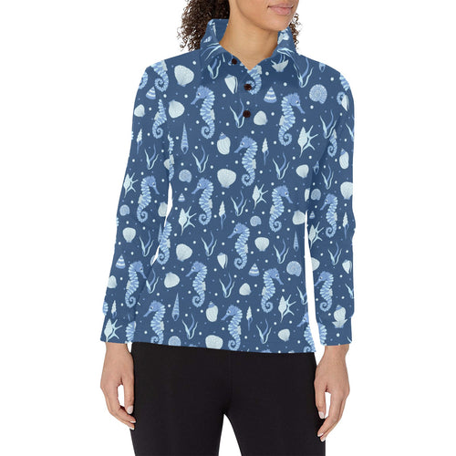 Seahorse Shell Pattern Women's Long Sleeve Polo Shirt