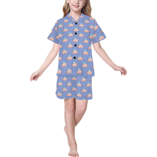 Pig Pattern Print Design 03 Kids' Boys' Girls' V-Neck Short Pajama Set