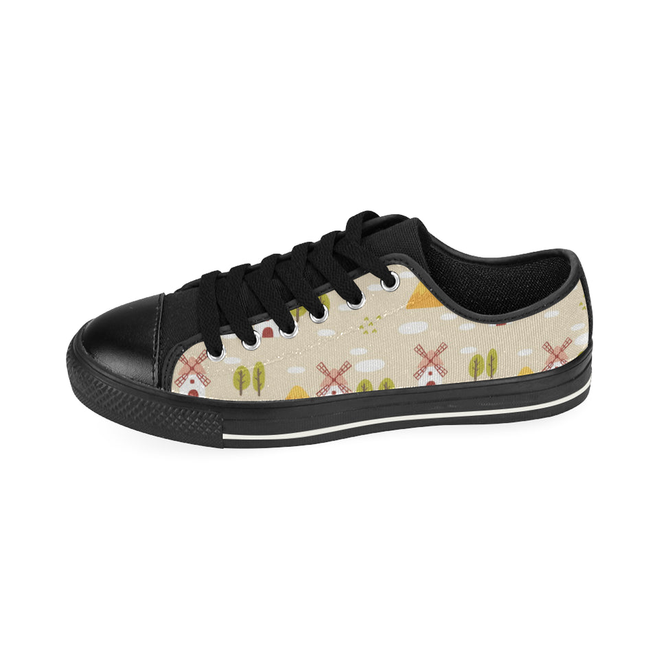 Windmill Pattern Men's Low Top Canvas Shoes Black