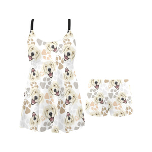 Golden Retriever Pattern Print Design 02 Chest Sexy Pleated Two Piece Swim Dress