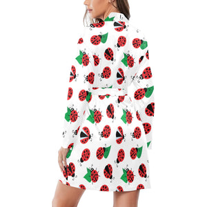 Ladybug Pattern Print Design 01 Women's Long Sleeve Belted Night Robe