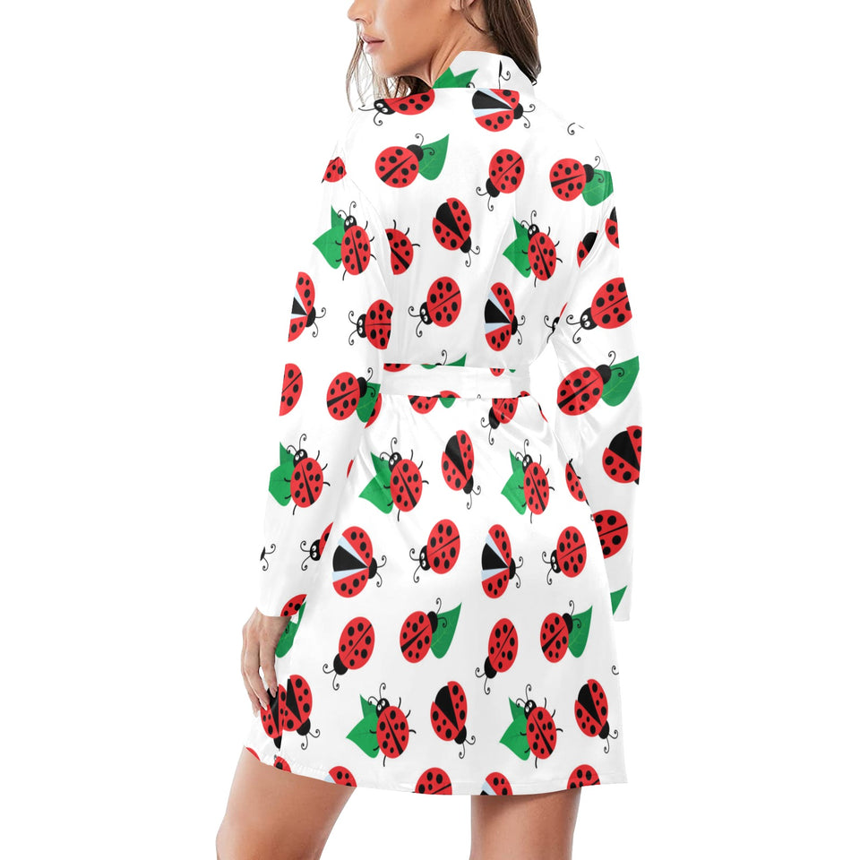 Ladybug Pattern Print Design 01 Women's Long Sleeve Belted Night Robe