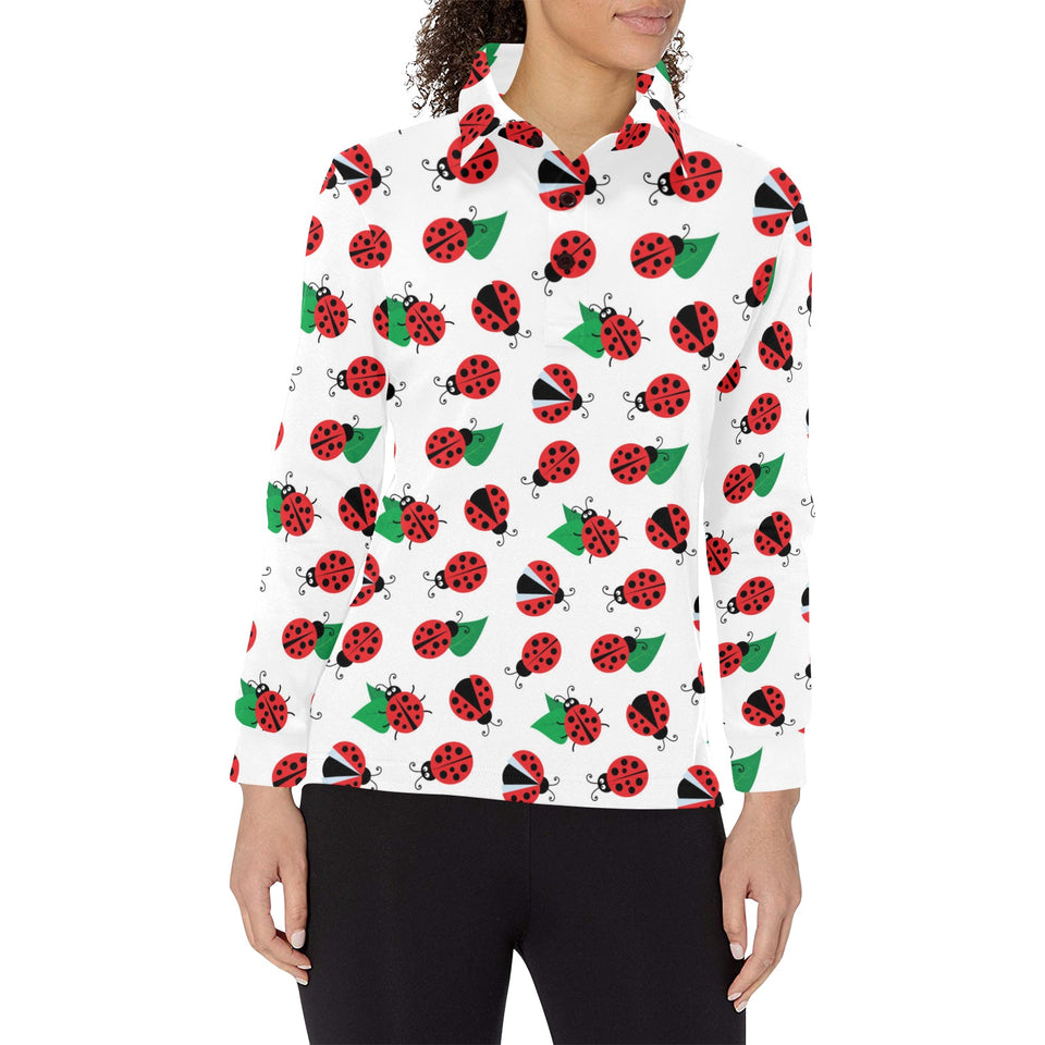 Ladybug Pattern Print Design 01 Women's Long Sleeve Polo Shirt